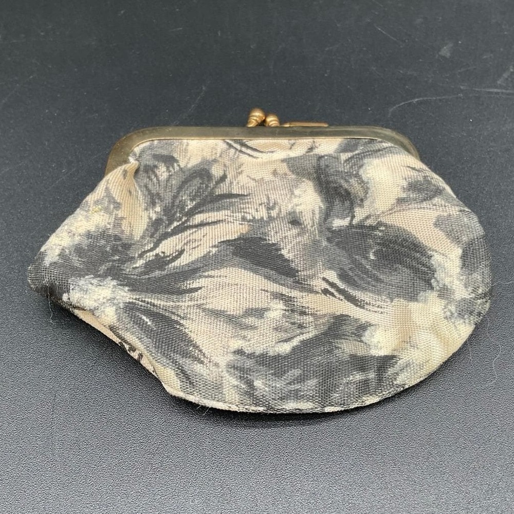 Vintage Fabric Coin Purse With Brass Kiss Lock Frame Black Brush Floral Print